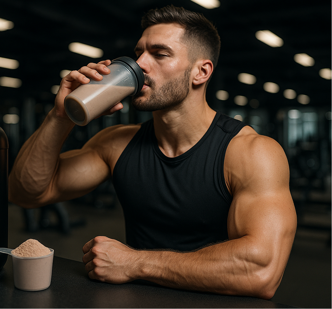 atleta profesional en gimnasio tomando suplemento proteico Primer plano de suplementos con fondo difuminado del gimnasio o del entorno fitness.