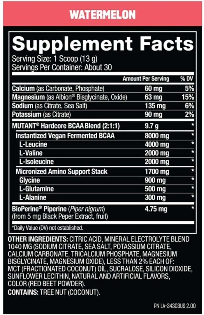 Hardcore BCAA 30 Servings - Mutant Fruit Punch 13g Libre Lactosa