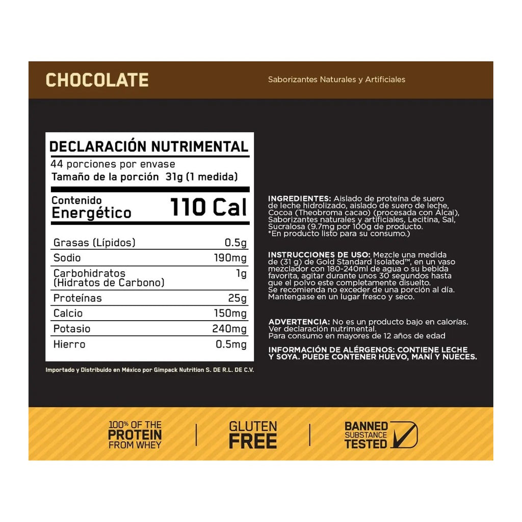 Tabla nutrimental Optimum Nutrition Gold Standard 100% Isolate 3 Lbs