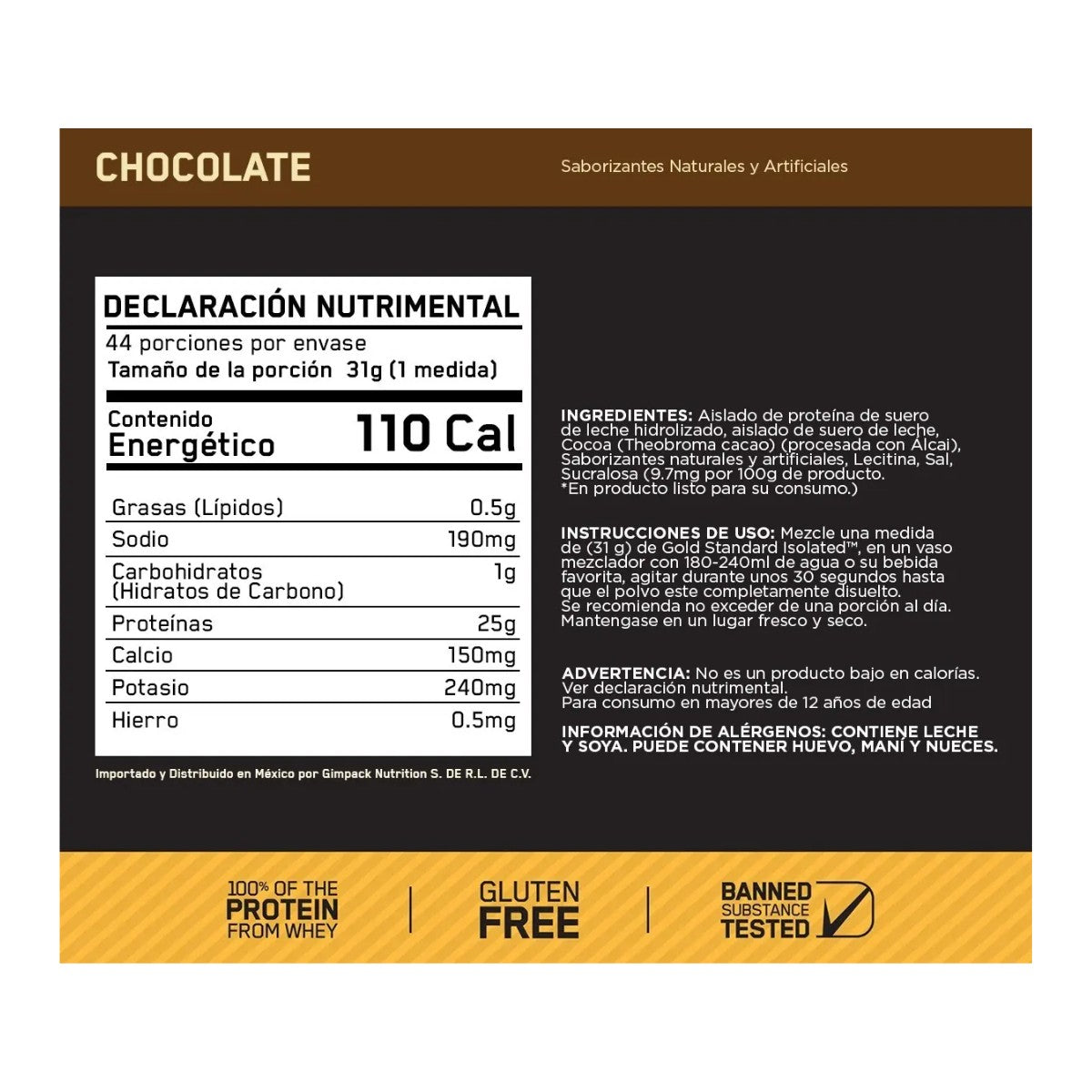 Tabla nutrimental Optimum Nutrition Gold Standard 100% Isolate 3 Lbs
