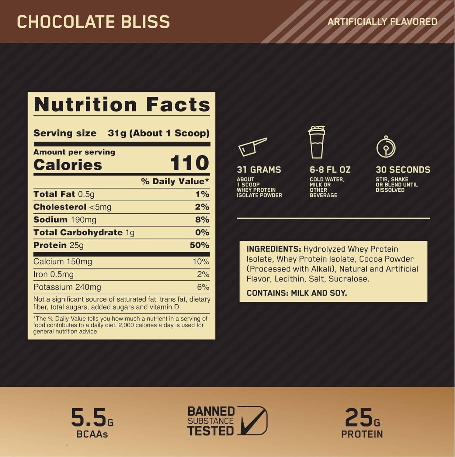 Tabla nutrimental Optimum Nutrition Gold Standard 100% Isolate 5 Lbs