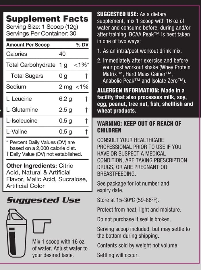 BCAA Peak 12:1:1 30 Servings - Inner 12g Aminoácidos Libre Lactosa
