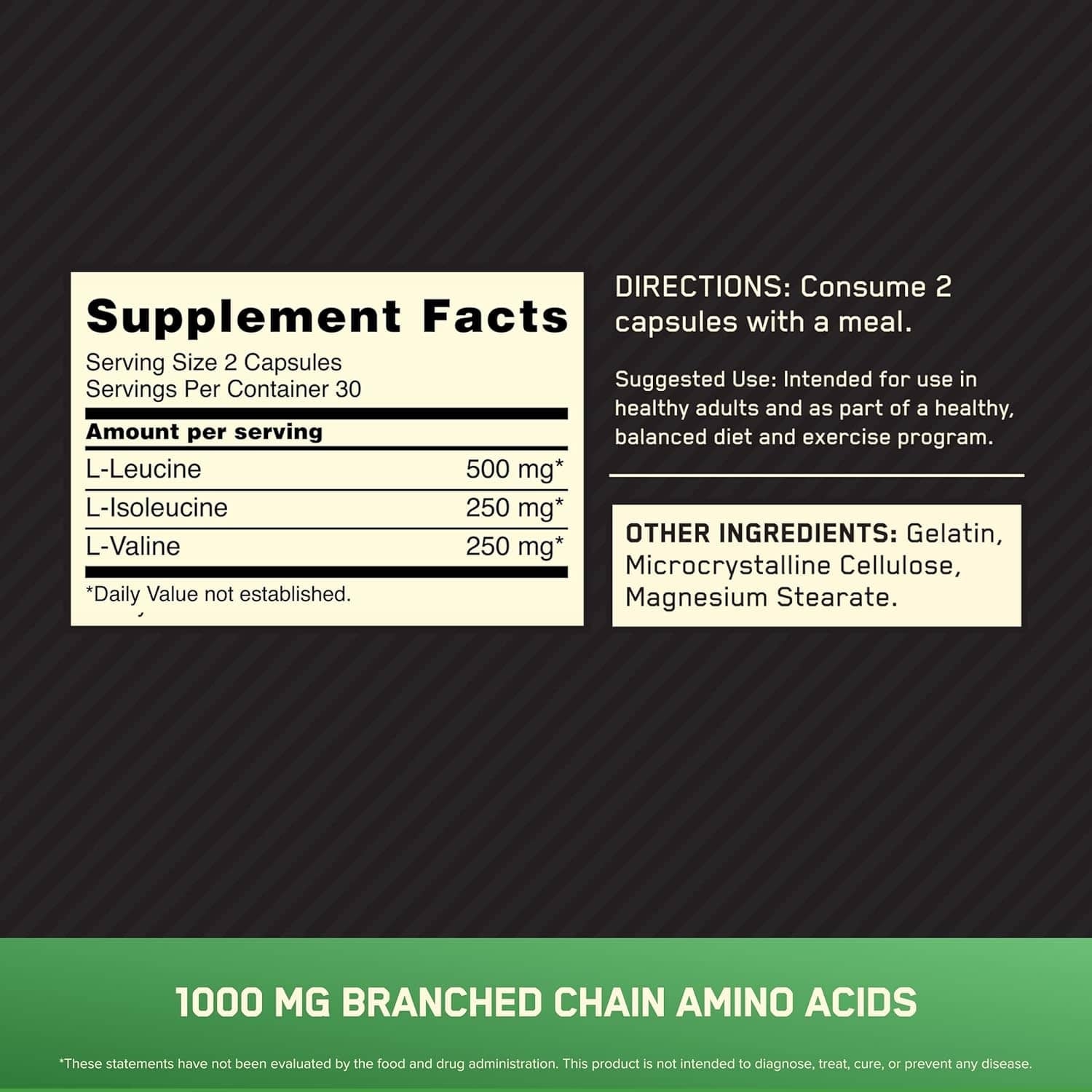 BCAA 1000 60 Caps - Optimum Nutrition 1000mg Proporción 2:1:1 Informed Choice